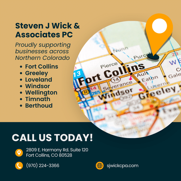 Map pinpointing Northern Colorado cities with a list of areas where SJ Wick CPA provides services as business tax accountant in Fort Collins and nearby cities