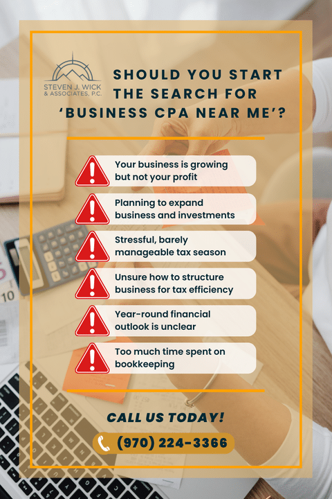 Checklist infographic outlining key signs a business should start searching for a local business CPA in Fort Collins